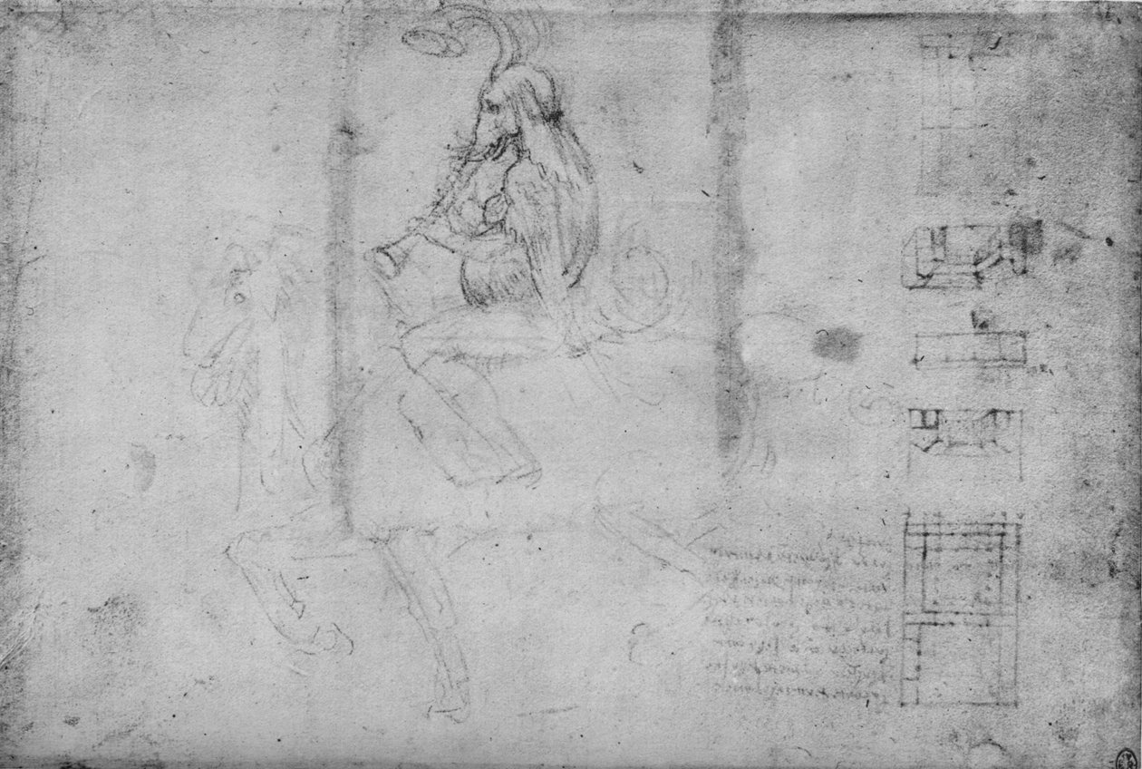 Egy elefántfejű ember lóháton és építészeti vázlatok, c1480 1945 alkotó: Leonardo da Vinci