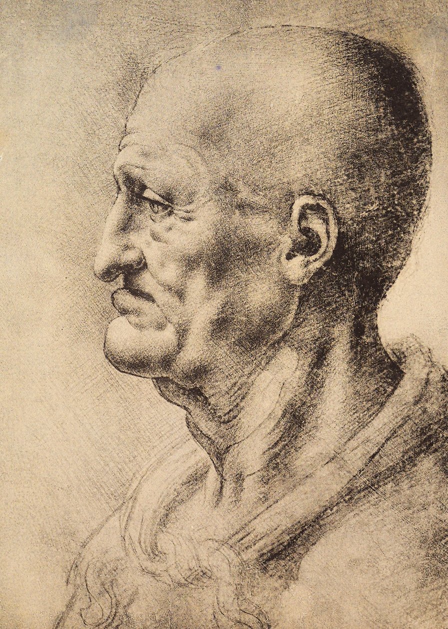 Egy profilban látható férfi, Leonardo da Vinci rajza, amelyet a firenzei Uffizi Galéria Rajzok és nyomatok termében őriznek. alkotó: Leonardo da Vinci