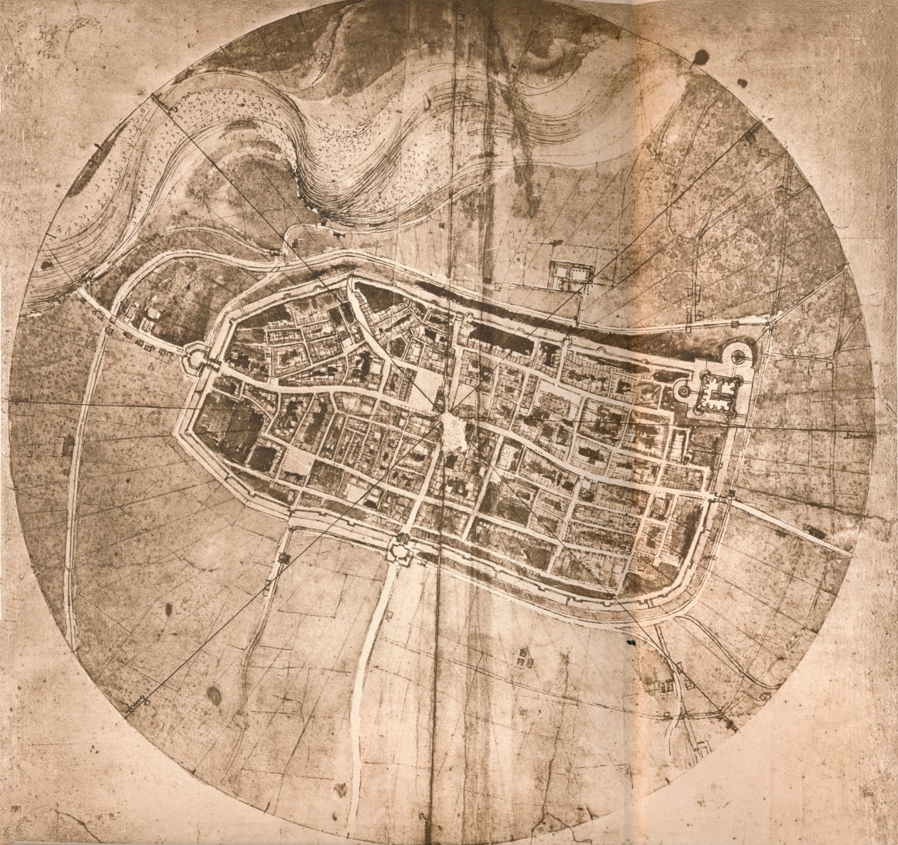 Az olaszországi Imola városát ábrázoló térkép, c1472-c1519 1883 alkotó: Leonardo da Vinci