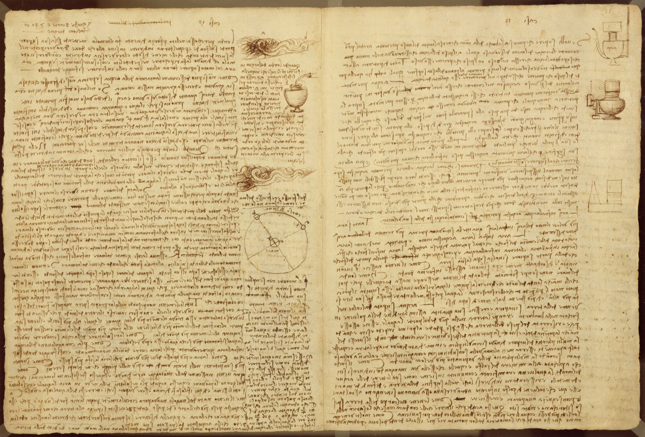 Egy oldal a Codex Leicesterből, 1508-12 (szépia tinta vászonpapíron) alkotó: Leonardo da Vinci