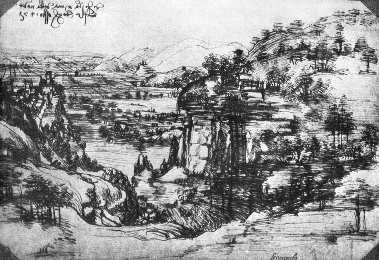Vidéki látkép vázlata, 1930. XV. század. alkotó: Leonardo da Vinci