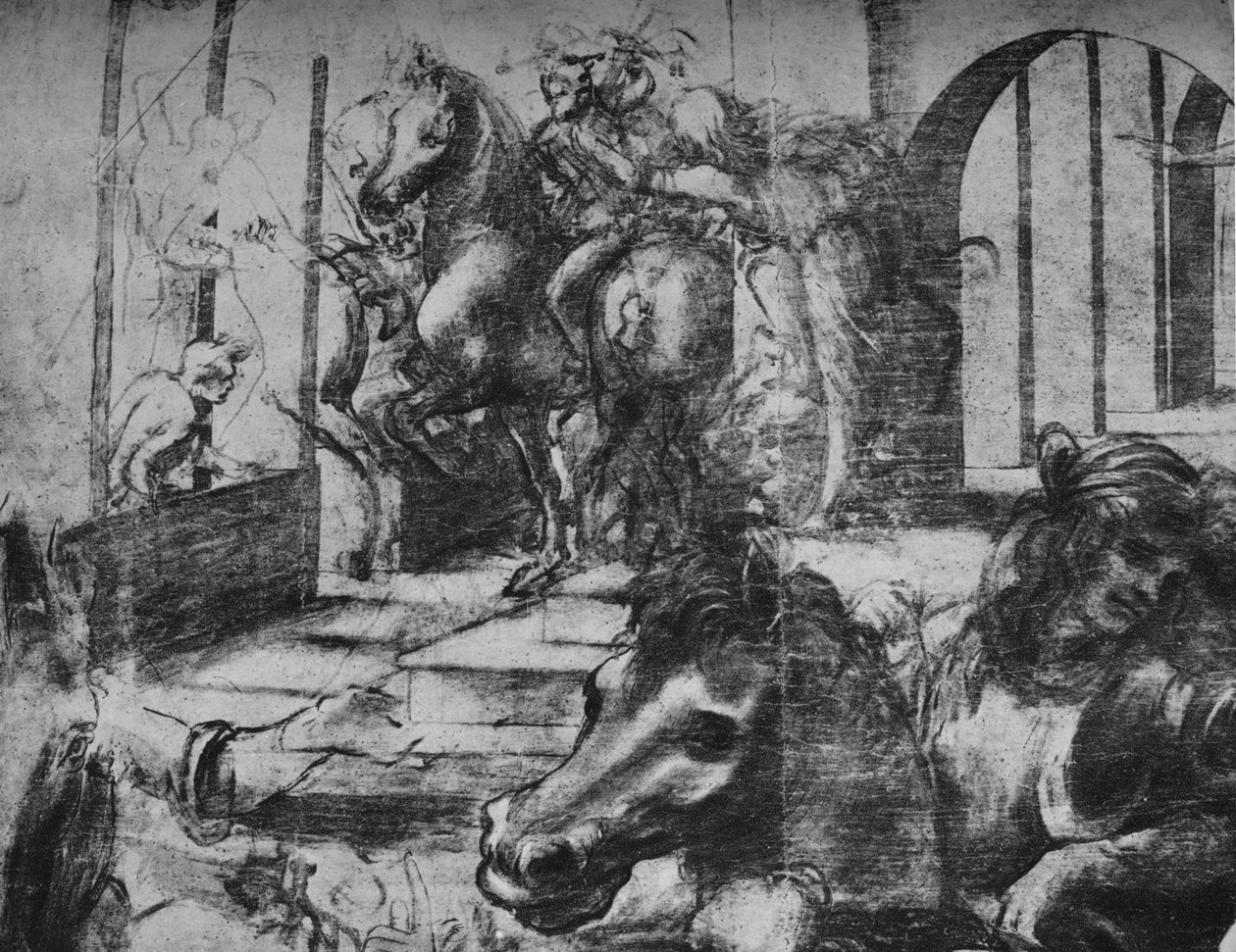 A mágusok imádása - Építészet és alakok a háttérben a bal oldalon, c1481 1945 alkotó: Leonardo da Vinci