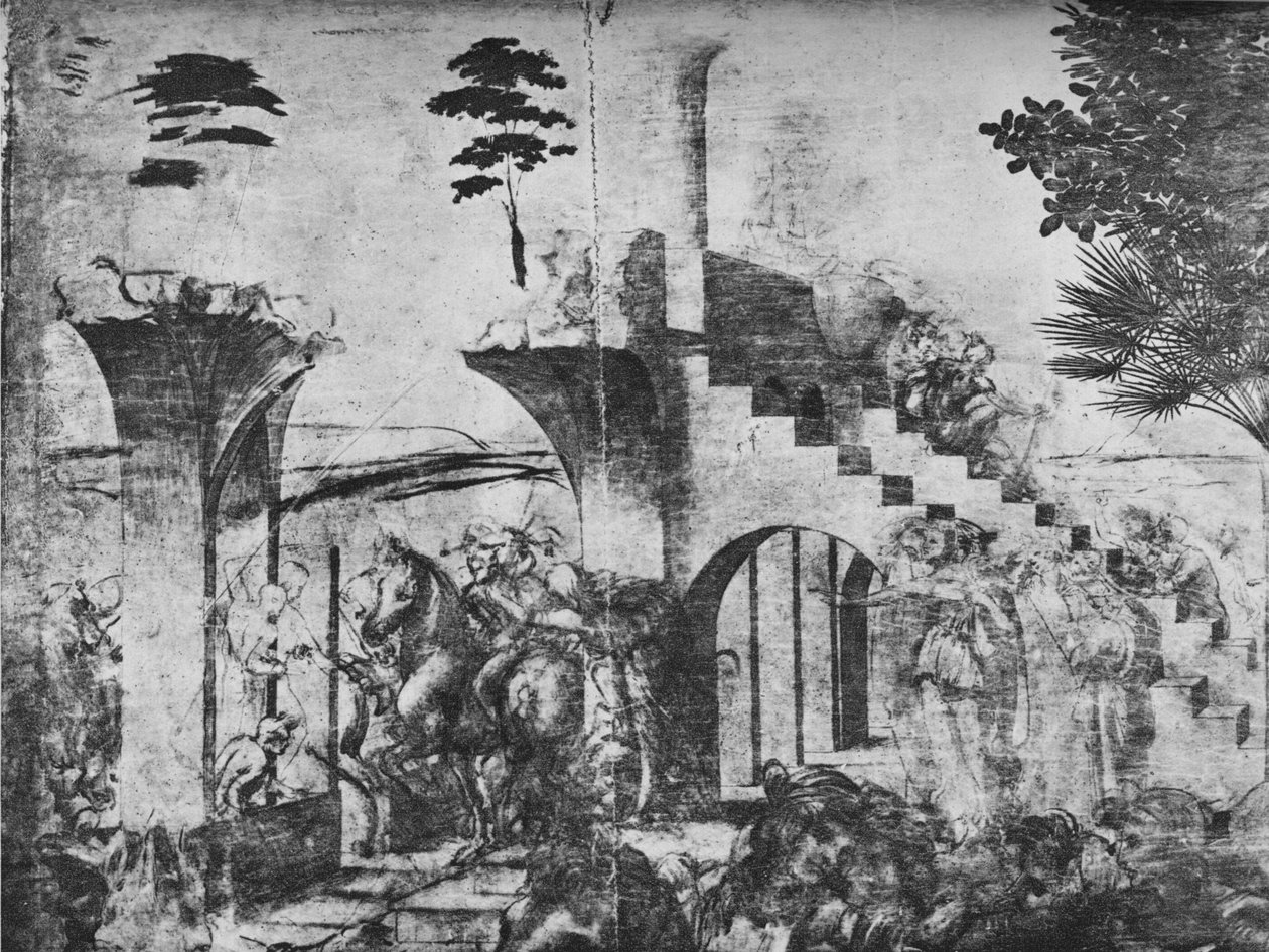 A mágusok imádása - Lovasok a középtávon balra, c1481 1945 alkotó: Leonardo da Vinci