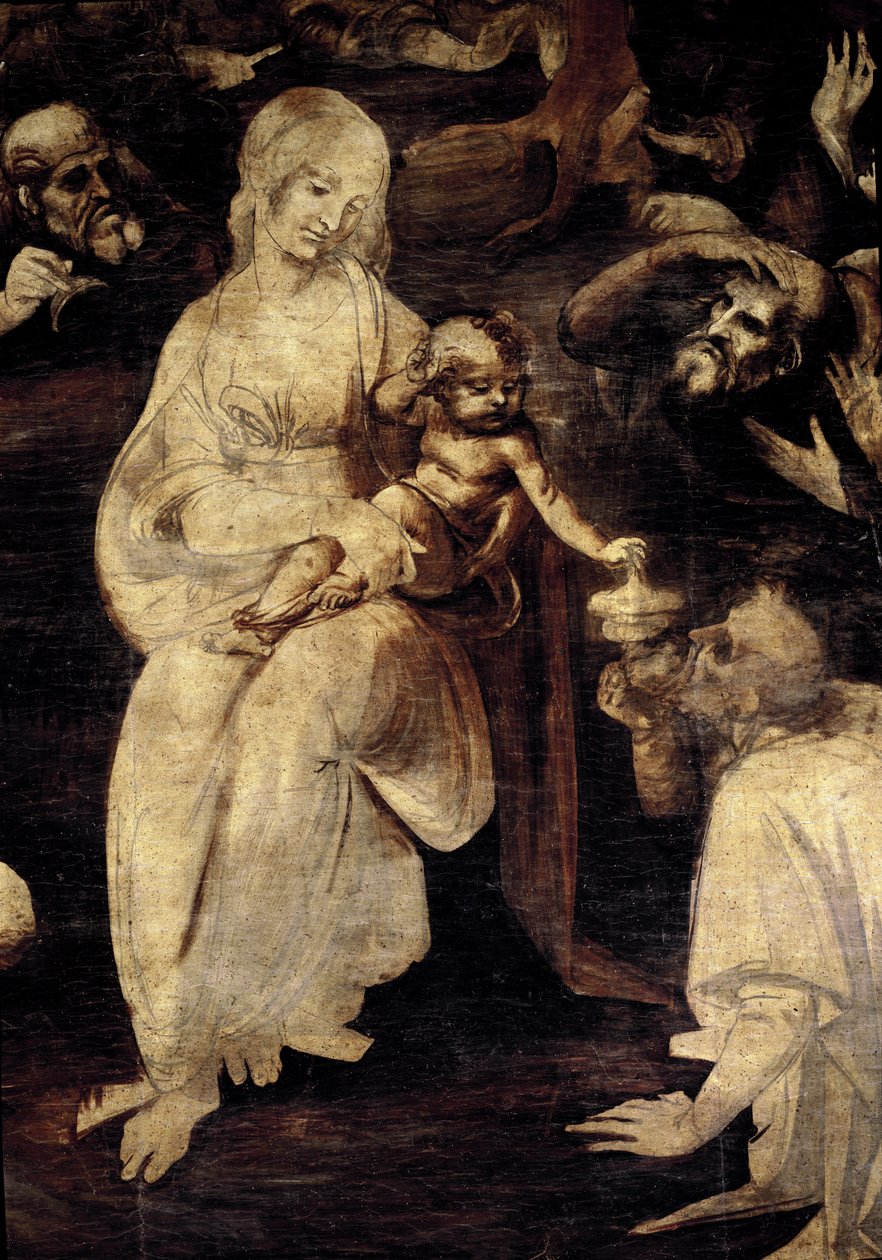 A mágusok imádata. Szűz Mária részlete. (olaj, fa alkotó: Leonardo da Vinci