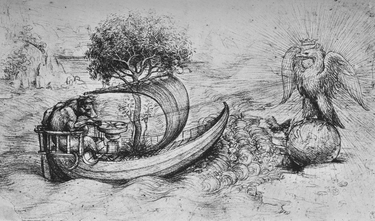 Allegória: Egy földgömbön álló koronás sas és egy hajót kormányzó farkas, c1480 1945 alkotó: Leonardo da Vinci