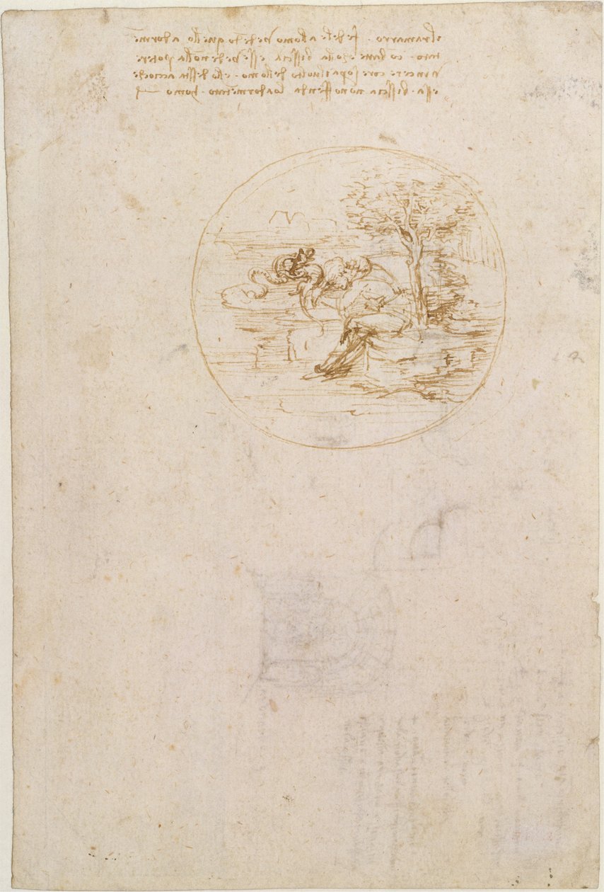 A gyík hűségéről szóló allegória (előlap); Színpadi díszletvázlat (hátlap) alkotó: Leonardo da Vinci