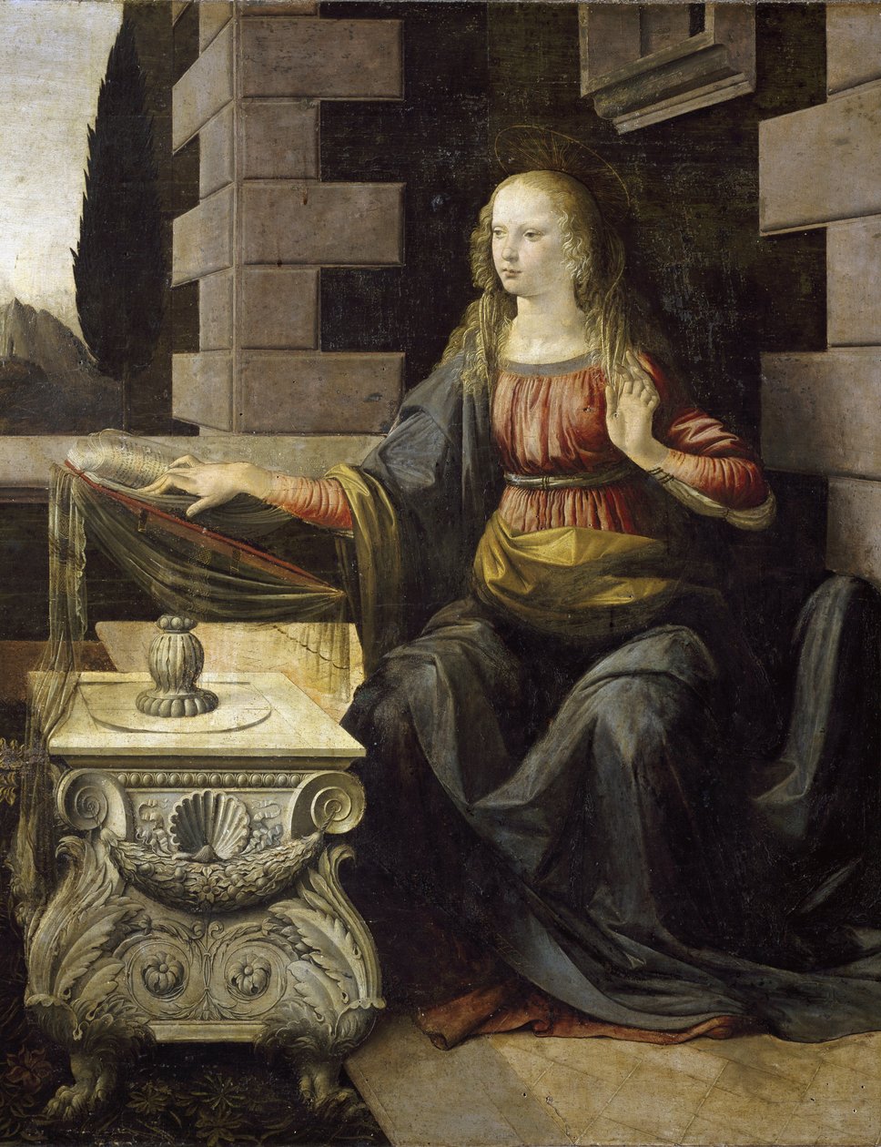 Angyali Üdvözlet. Részlet Szűz Máriáról és íróasztaláról, Szent Jakab kagylóval díszítve (olaj és tempera fán, 1475 körül) alkotó: Leonardo da Vinci