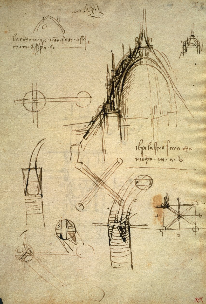 A milánói dóm építészeti részletei és kupolaszelvénye, a Code Trivulzianus f41. alkotó: Leonardo da Vinci