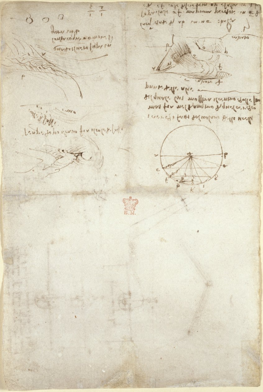 Arundel 263, f.126v Három jegyzet és vázlat a vízről; diagram a madarak repüléséről, 1500-5 körül (toll és tinta papíron) alkotó: Leonardo da Vinci