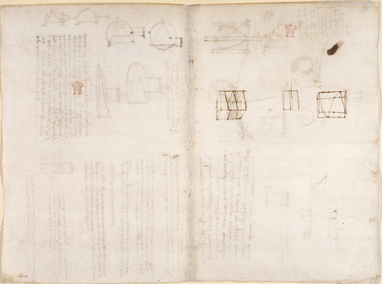Arundel 263, f.130v, f.133 Üres oldal diagramokkal, „Codex Arundel” (toll és tinta papíron) alkotó: Leonardo da Vinci
