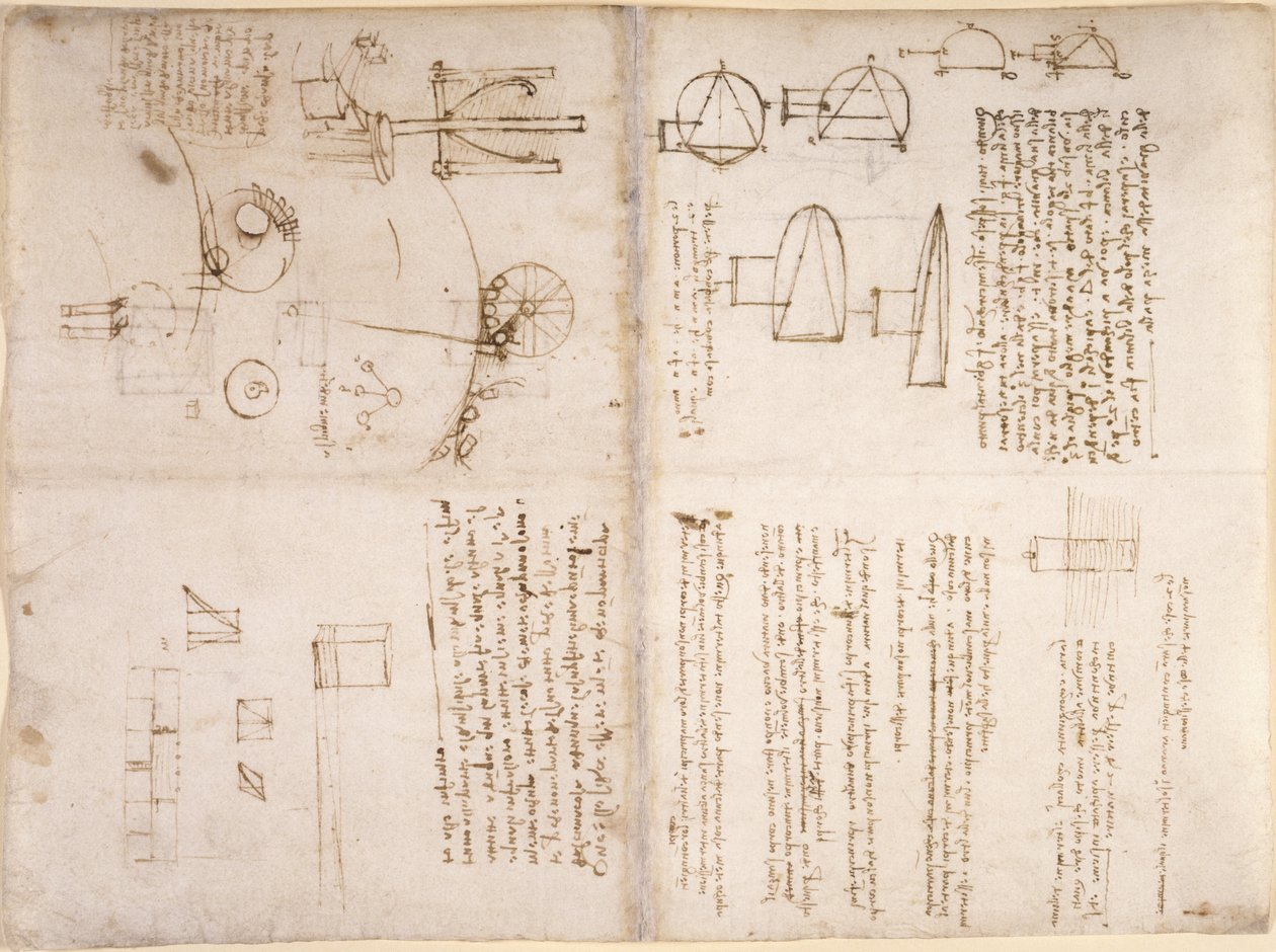 Arundel 263, f.133v, f.130r, Jegyzetek, sematikus vázlatok és diagramok a Codex Arundel-ből (toll és tinta papíron) alkotó: Leonardo da Vinci