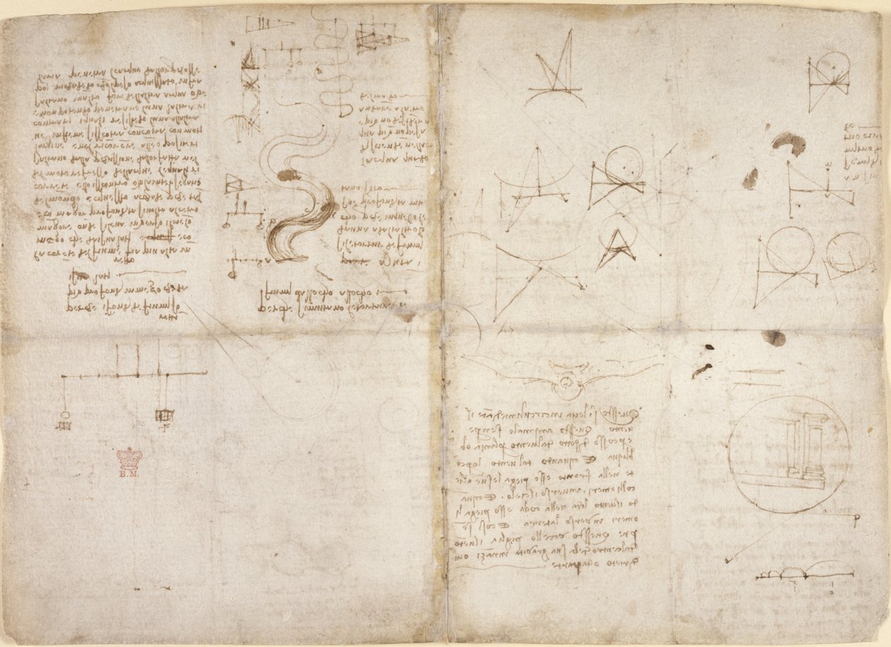 Arundel 263, f.135v, f.134, Megjegyzések és diagramok a mechanikáról; jegyzetek és vázlatos vázlatok a folyók folyásáról és a vízfolyásról, a Codex Arundelből, 1503 körül (toll és tinta papíron) alkotó: Leonardo da Vinci
