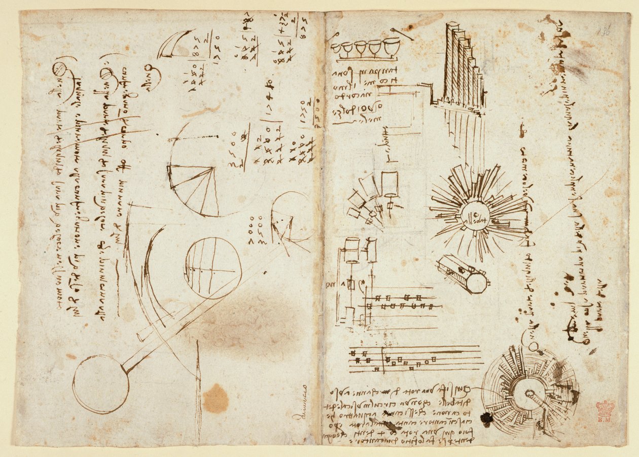 Arundel 263 f.137v, f.136 Jegyzetek és durva diagramok (oldalról); matematikai számítások (oldalon), a Codex Arundel-ből (toll és tinta papíron) alkotó: Leonardo da Vinci