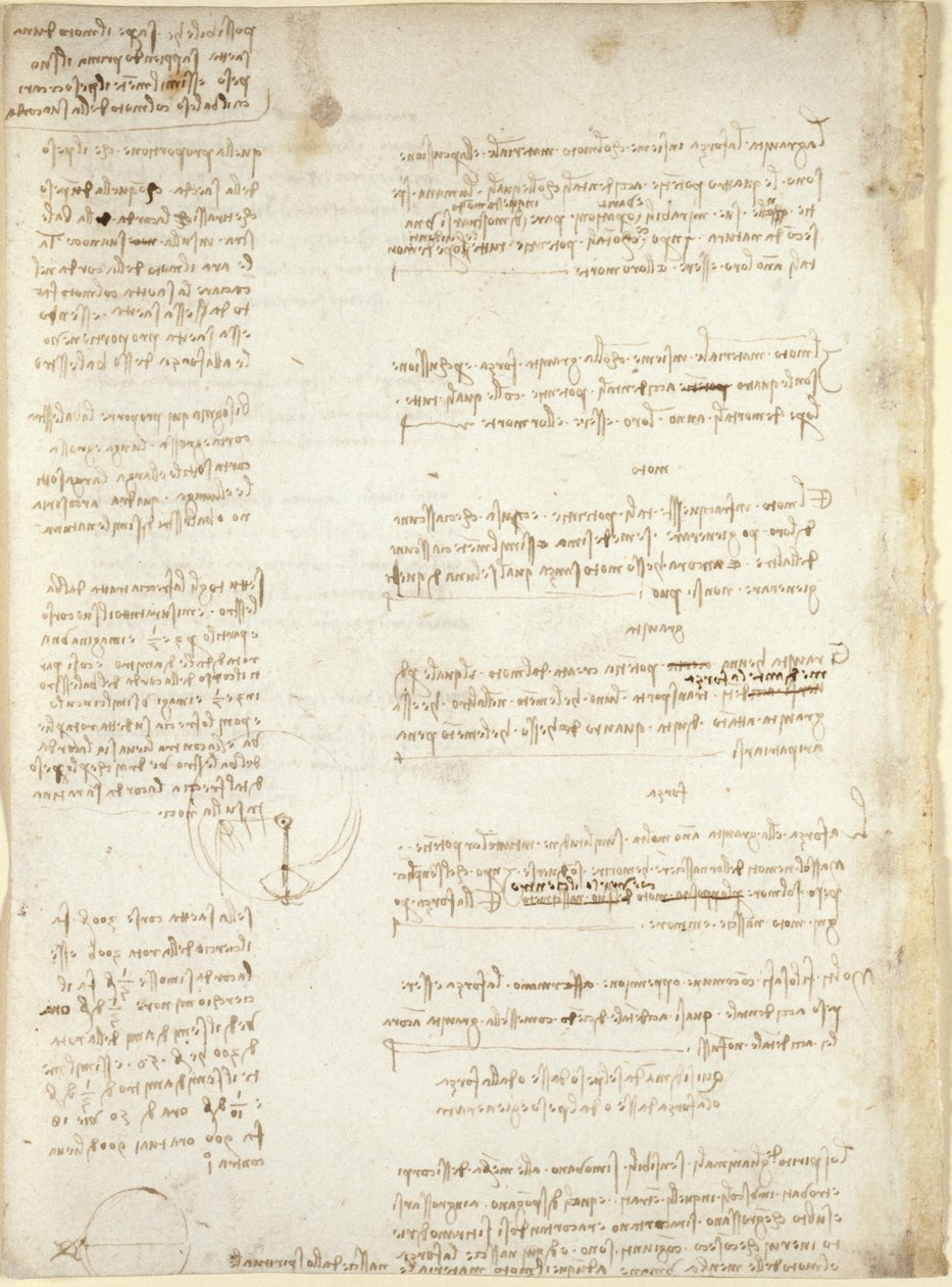 Arundel 263, f.151v, Jegyzetek és durva diagramok a Codex Arundel-ből (toll és tinta papíron) alkotó: Leonardo da Vinci