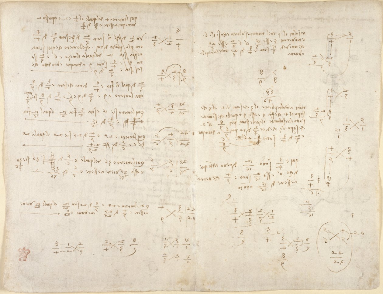 Arundel 263, f.220v, f.221, Jegyzetek; matematikai számítások, „Codex Arundel” (toll és tinta papíron) alkotó: Leonardo da Vinci