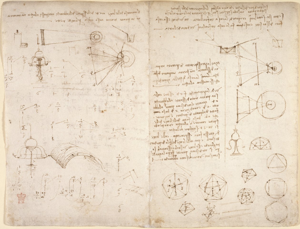 Arundel 263, f.221v, f.220 Jegyzetek, diagramok és vázlatok a Codex Arundel-ből (toll és tinta papíron) alkotó: Leonardo da Vinci