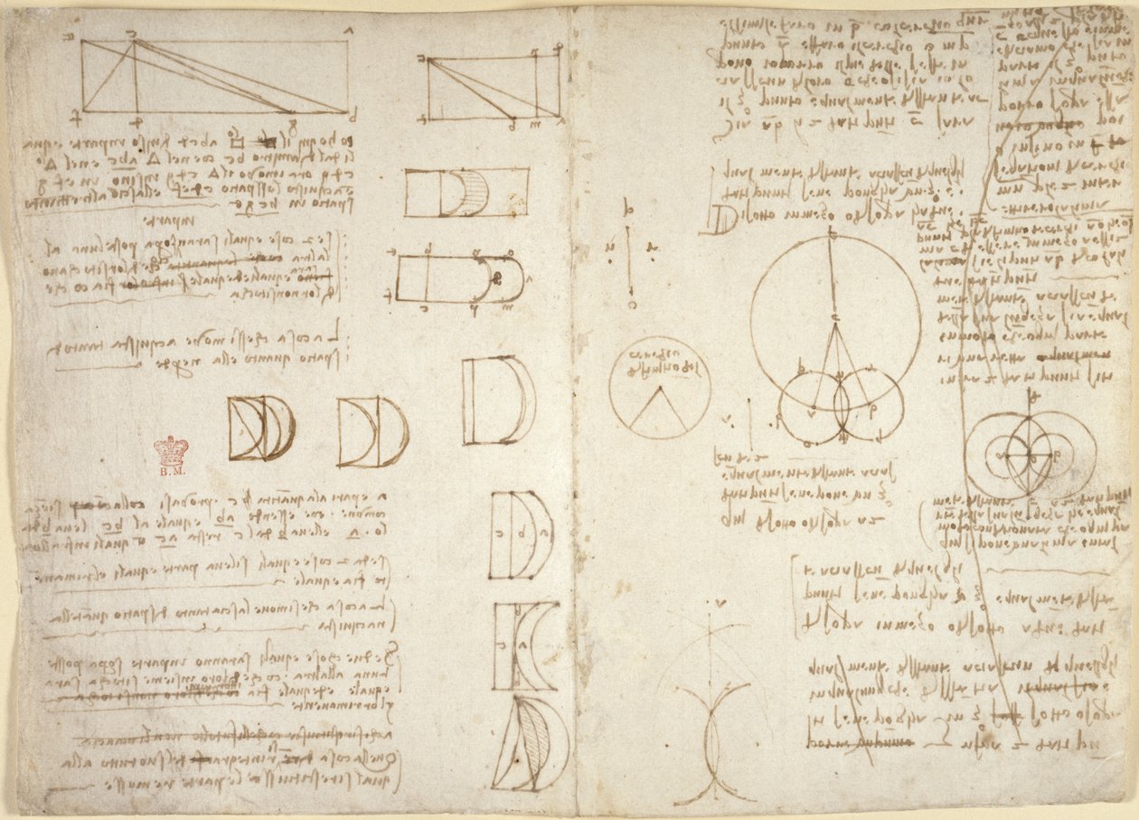 Arundel 263, f.222v, f.219, Rajzok a mechanikai erőkről, ütőhangszerekről, gravitációról, mozgásról, optikáról és csillagászatról, különféle számtani és geometriai javaslatokkal (toll és tinta papíron) alkotó: Leonardo da Vinci