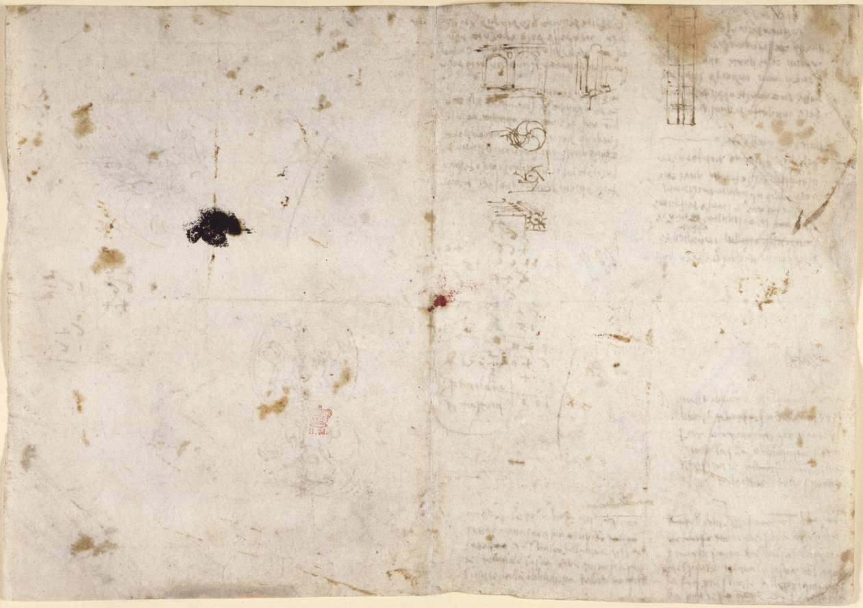Arundel 263, f.225v, f.230 Rajzok a mechanikai erőkről, ütőhangszerekről, gravitációról, mozgásról, optikáról és csillagászatról, különféle számtani és geometriai javaslatokkal (toll és tinta papíron) alkotó: Leonardo da Vinci