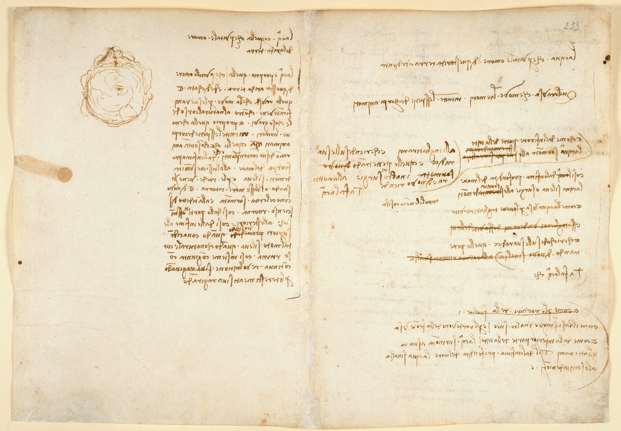 Arundel 263 f.236v, f.233 Megjegyzések a vízről; vázlat, amely a földgömböt illusztrálja, a Codex Arundelből (toll és tinta papíron) alkotó: Leonardo da Vinci