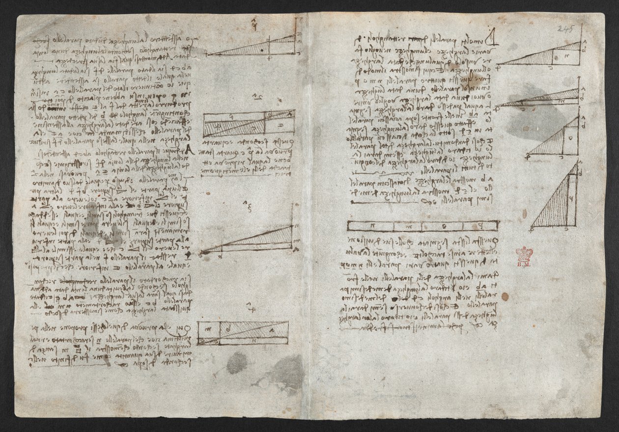 Arundel 263, f.246v Rajzok a mechanikai erőkről, az ütőhangszerekről, a gravitációról, a mozgásról, az optikáról és a csillagászatról, különféle számtani és geometriai kijelentésekkel, illusztráció Leonardo „Figyeletek könyvéből” (tinta papíron) alkotó: Leonardo da Vinci