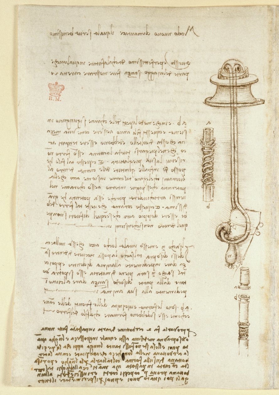 Arundel 263, f.24v Jegyzetek és vázlatok, amelyek Leonardo tanulmányát illusztrálják egy búvár légzőkészülékéről (1508), a Codex Arundel-ből (toll és tinta papíron) alkotó: Leonardo da Vinci