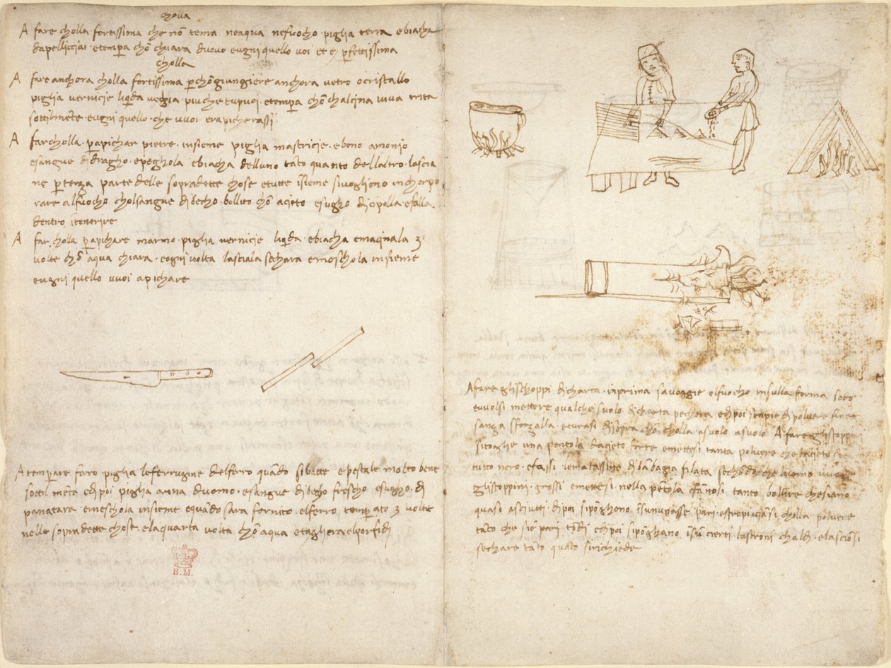 Arundel 263, f.260v Öt módszer különféle ragasztók előállítására és a vas lágyítási folyamata, a „Codex Arundel” (toll és tinta papíron) nyers vázlatai kíséretében (nem Leonardo kezében) alkotó: Leonardo da Vinci