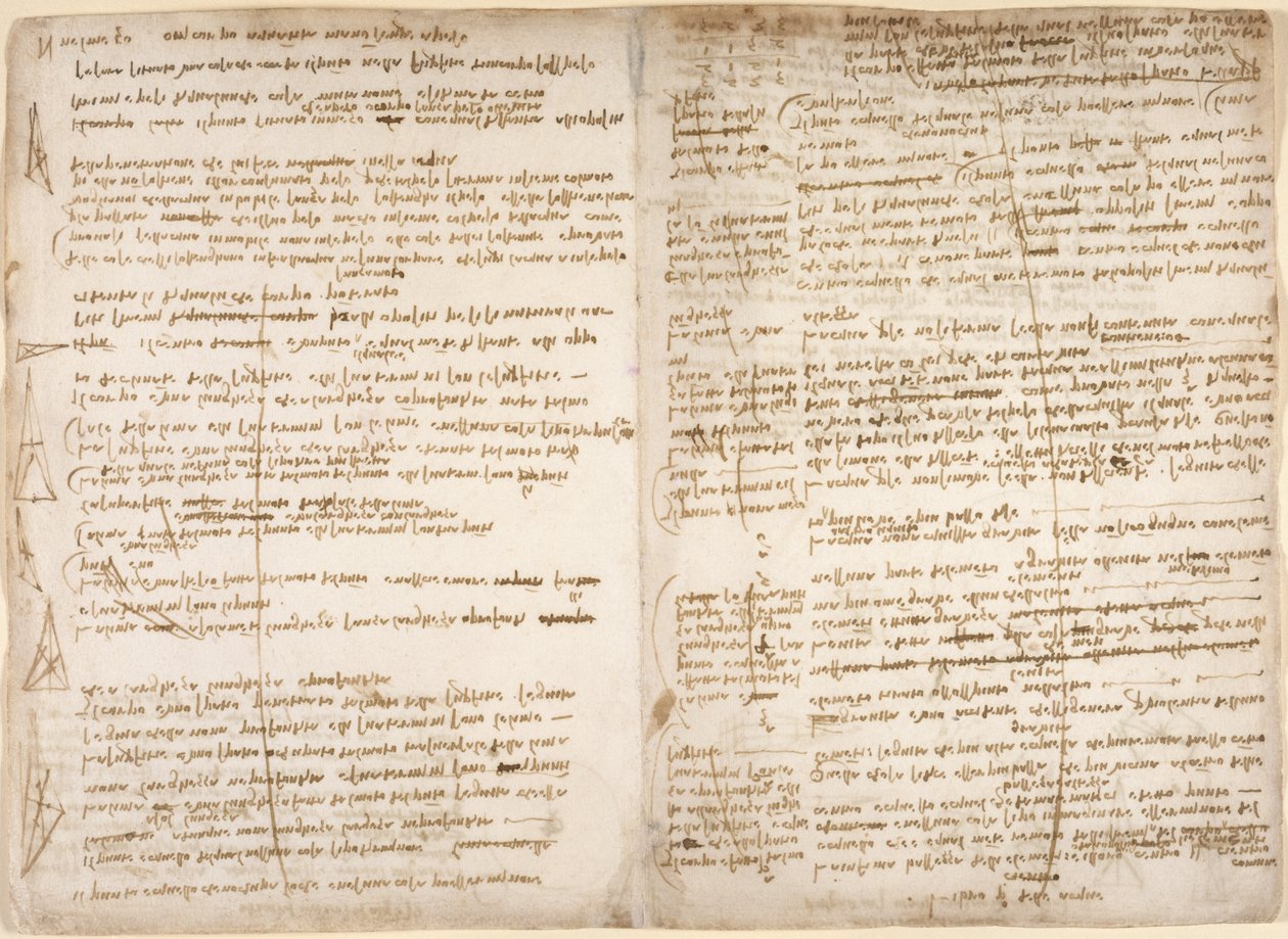 Arundel 263, f.267v, f.266, Jegyzetek és diagramok a pont, vonal és terület matematikai meghatározásához, a "First Book on water" ("Libro primo delle acque") számára (fejjel lefelé), a Codexből Arundel