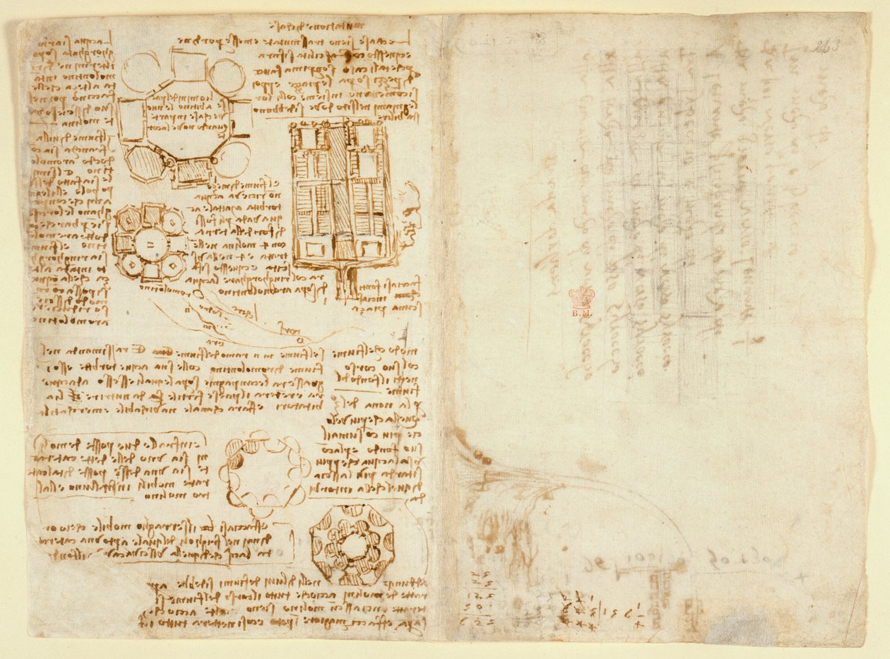 Arundel 263 f.270v, f.263, Leonardo Da Vinici rajzai a mechanikai erőkről, az ütőhangszerekről, a gravitációról, a mozgásról, az optikáról és a csillagászatról, különféle számtani és geometriai javaslatokkal (toll és tinta papíron) alkotó: Leonardo da Vinci