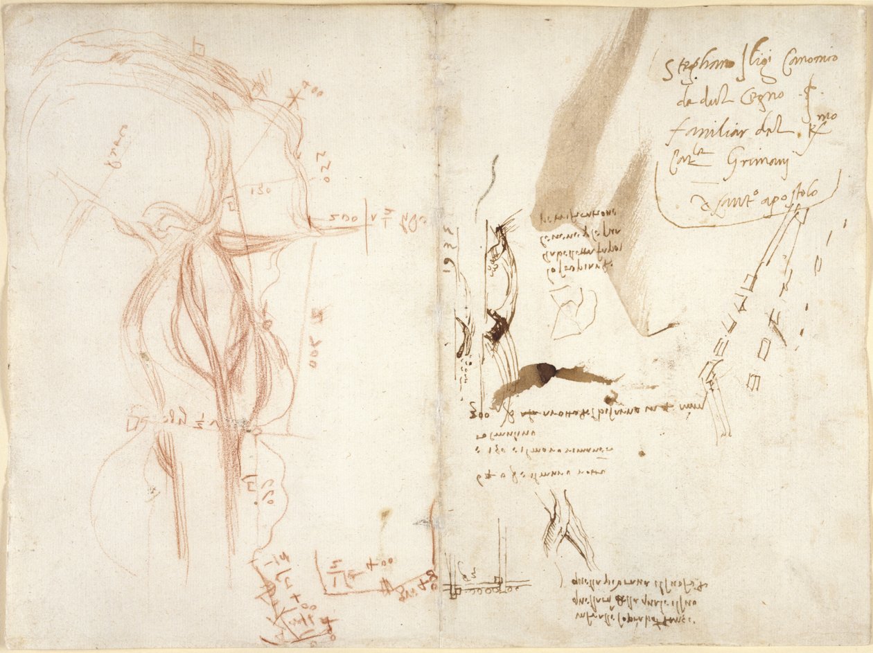 Arundel 263, f.275v, f.274 Az Arno folyó síkbeli vázlata; megjegyzések a távolságokról és az irányokról alkotó: Leonardo da Vinci