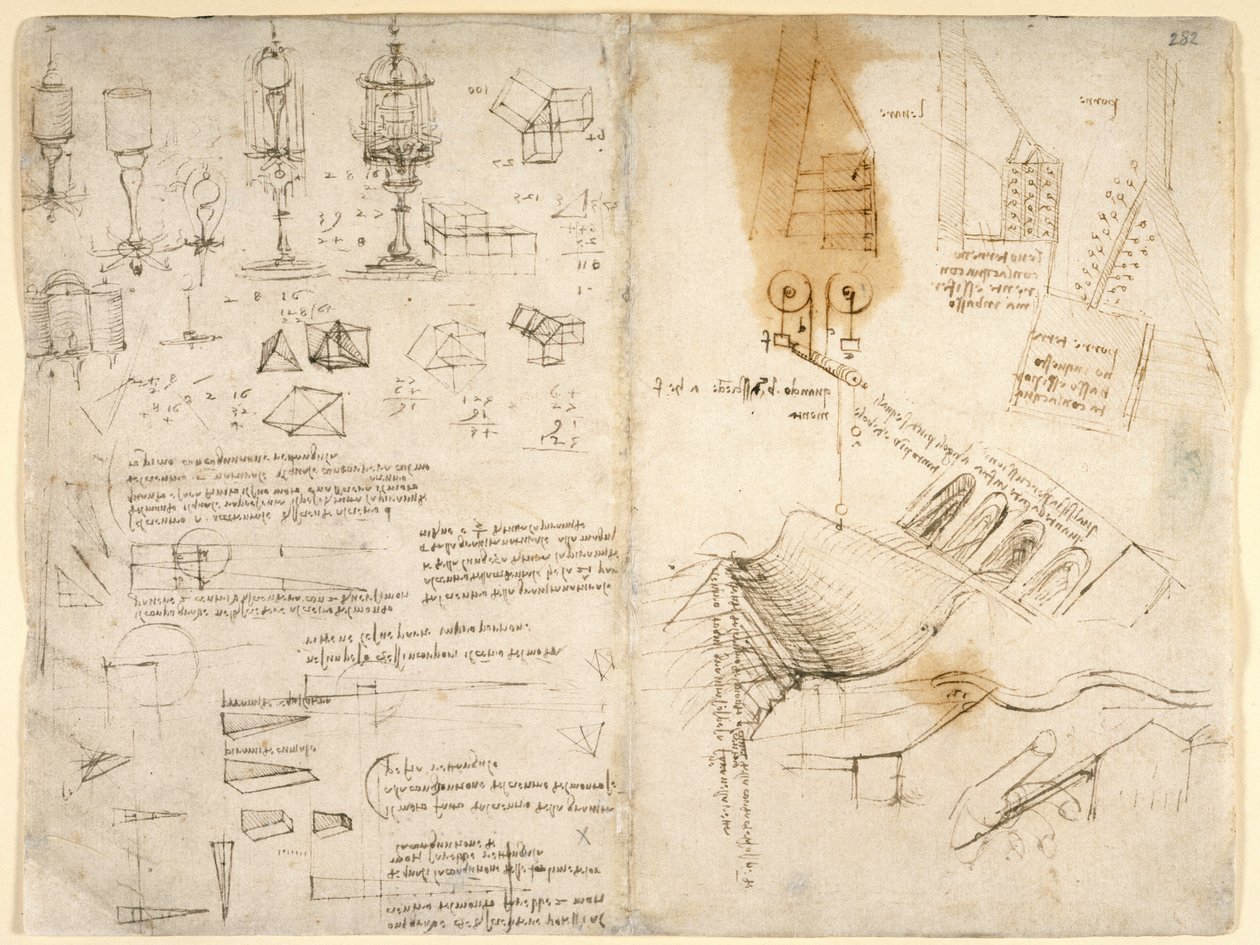 Arundel 263, f.283v, f.282 Csuklós lámpák vázlatai; megjegyzések a mechanikáról; matematikai számítások; geometriai vázlatok (toll és tinta papíron) alkotó: Leonardo da Vinci