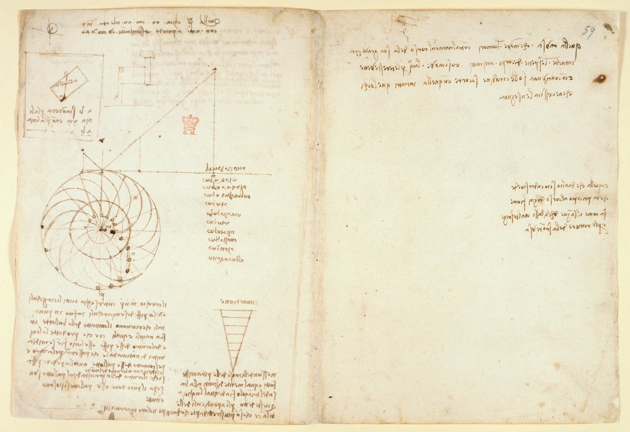 Arundel 263 f.44v, f.59 Egy szem és egy arc vázlata profilban; jegyzetek a vízről, a Codex Arundeltől (toll és tinta papíron) alkotó: Leonardo da Vinci