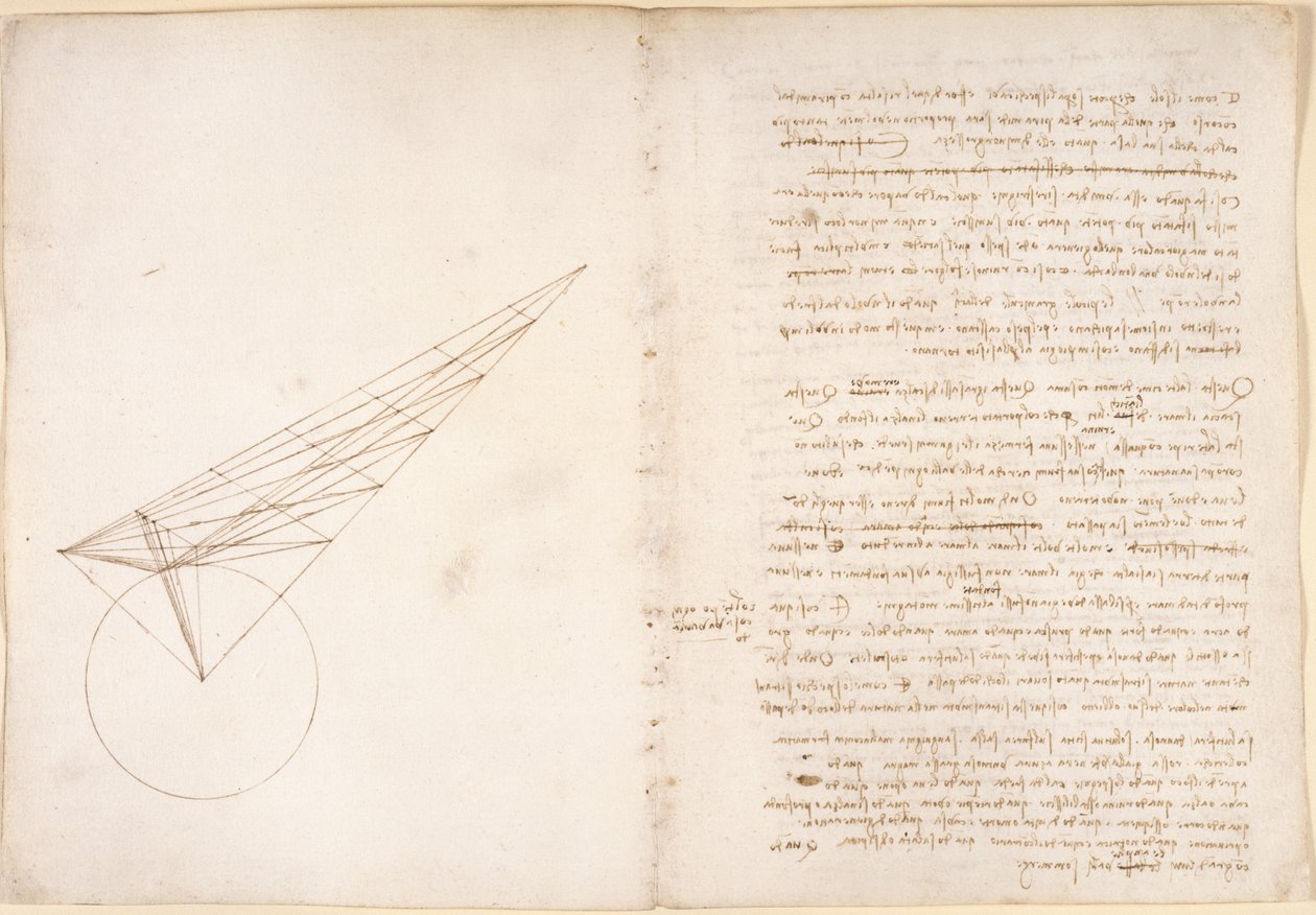 Arundel 263, f.46v, f.57 ábra az optikáról, Alhazen problémájával kapcsolatban, a Codex Arundel-ből (toll és tinta papíron) alkotó: Leonardo da Vinci