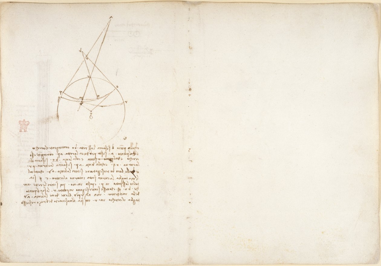 Arundel 263, f.48v, 55, Megjegyzések és ábra az optikáról, Alhazen problémájával kapcsolatban, a Codex Arundel-ből (toll és tinta papíron) alkotó: Leonardo da Vinci