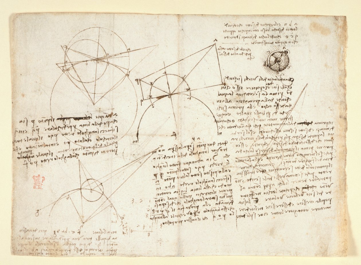 Arundel 263, f.64v Egyetlen nagy levél hátoldala, korábban a jobb széle mentén volt bekötve és a füzetbe hajtva. Megjegyzések és ábrák az optikáról, Alhazen problémájával kapcsolatban; egy szemgolyó sematikus vázlata, L-re vonatkozó megjegyzésekkel kísérve alkotó: Leonardo da Vinci