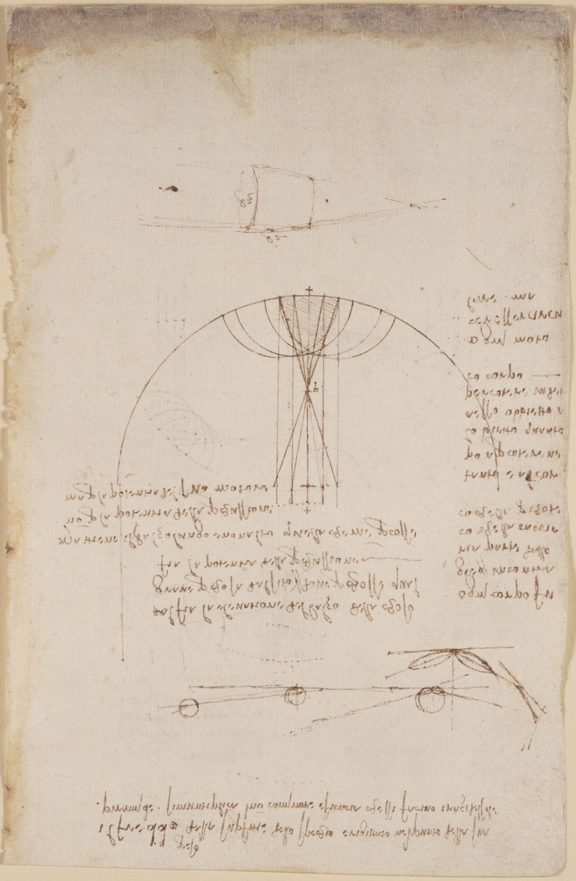 Arundel 263, f.85 Ábrák az optikáról, a reflexiós kausztikával kapcsolatban; jegyzet és vázlat a mechanikáról, az ütőhangszerek erejével kapcsolatban, utalva az arisztotelészi elvre: „ogni attione facta dalla natura è facta nel più brieve modo”, c alkotó: Leonardo da Vinci