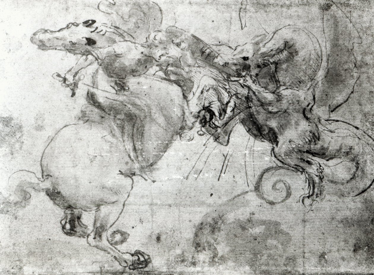 Harc egy lovas és egy sárkány között, 1482 körül (toll aláhúzás, toll és ecset papíron) alkotó: Leonardo da Vinci