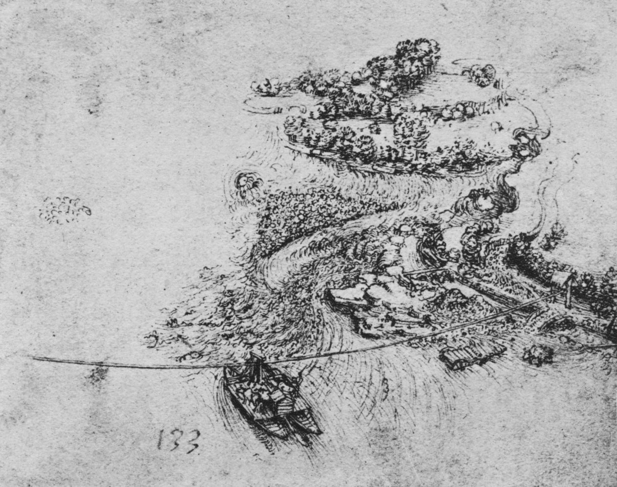 Madártávlatú kilátás egy folyóra kötélkomppal, c1480 1945 alkotó: Leonardo da Vinci