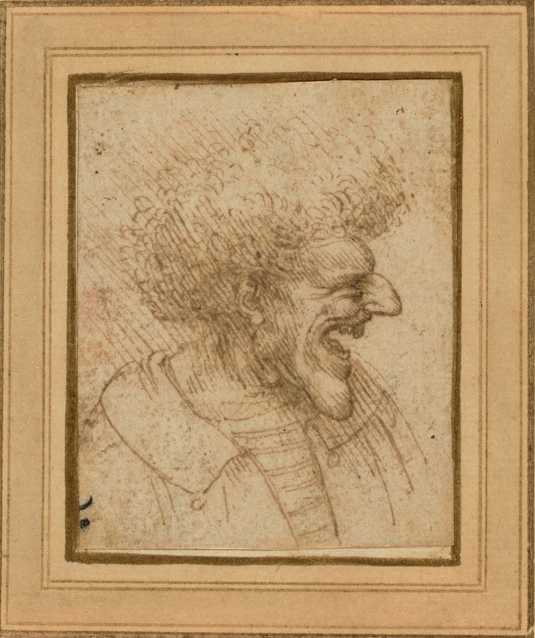 Egy bozontos hajú férfi karikatúrája alkotó: Leonardo da Vinci
