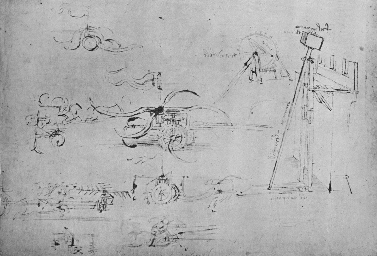 Kaszával és csapóval felfegyverzett szekerek és három lándzsás lovas, c1480, 1945 alkotó: Leonardo da Vinci