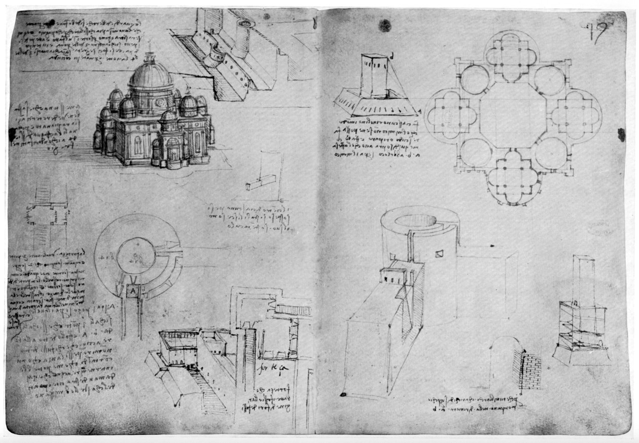 Tervek központosított épülethez, 15. század végén vagy 16. század elején, 1954. alkotó: Leonardo da Vinci