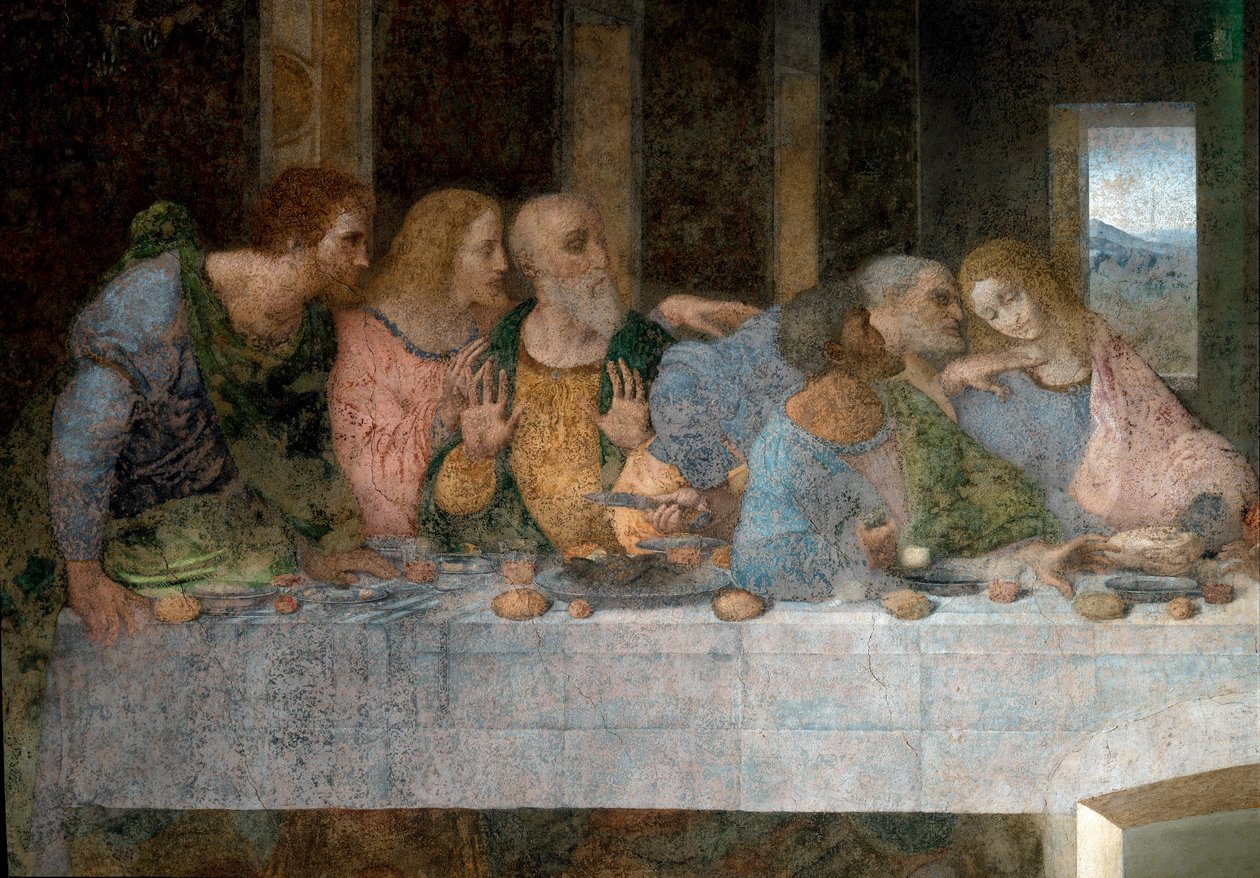 A La Cene (Il Cenacolo (Ultima Cena)) részlete, amely balról jobbra Szent Barthelemy apostolt, Jakabot, Alphee fiát, Andreát, Júdást, Pétert és Jánost ábrázolja. 1495 - 1498. Leonardo da Vinci (Leonardo da Vinci) freskója. Santa Maria delle gra refektórium alkotó: Leonardo da Vinci