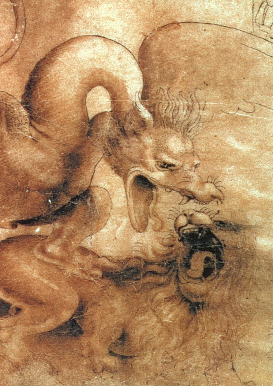 Részlet a sárkányról a rajzról Harc egy sárkány és egy oroszlán között barna tinta mosással, papíron alkotó: Leonardo da Vinci