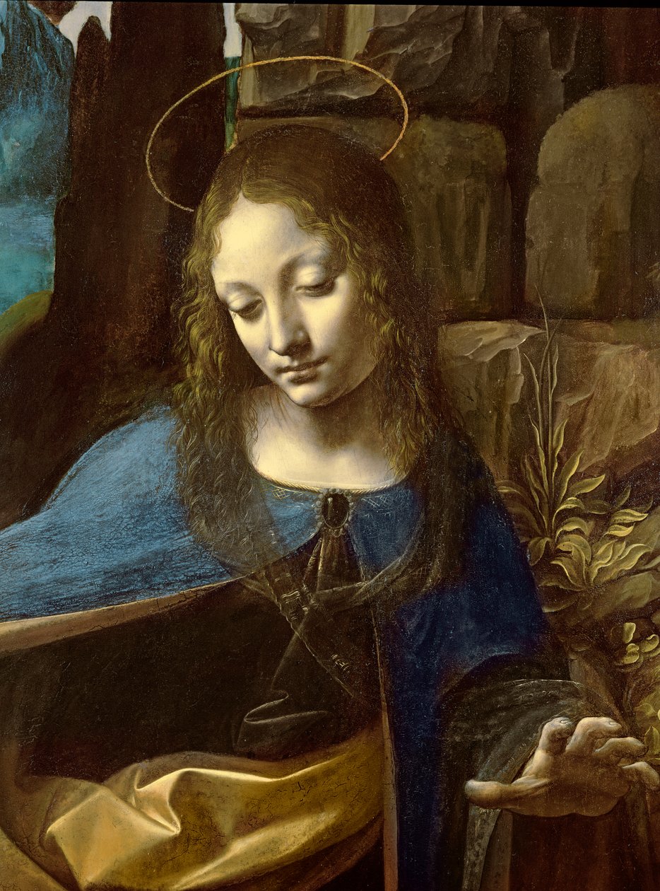 Részlet a Szűz fejéről, a Sziklaszűzből (A Szűz a Kisded Szent Jánossal imádja a Kisded Krisztust egy angyal kíséretében) részlet, 1508 körül alkotó: Leonardo da Vinci