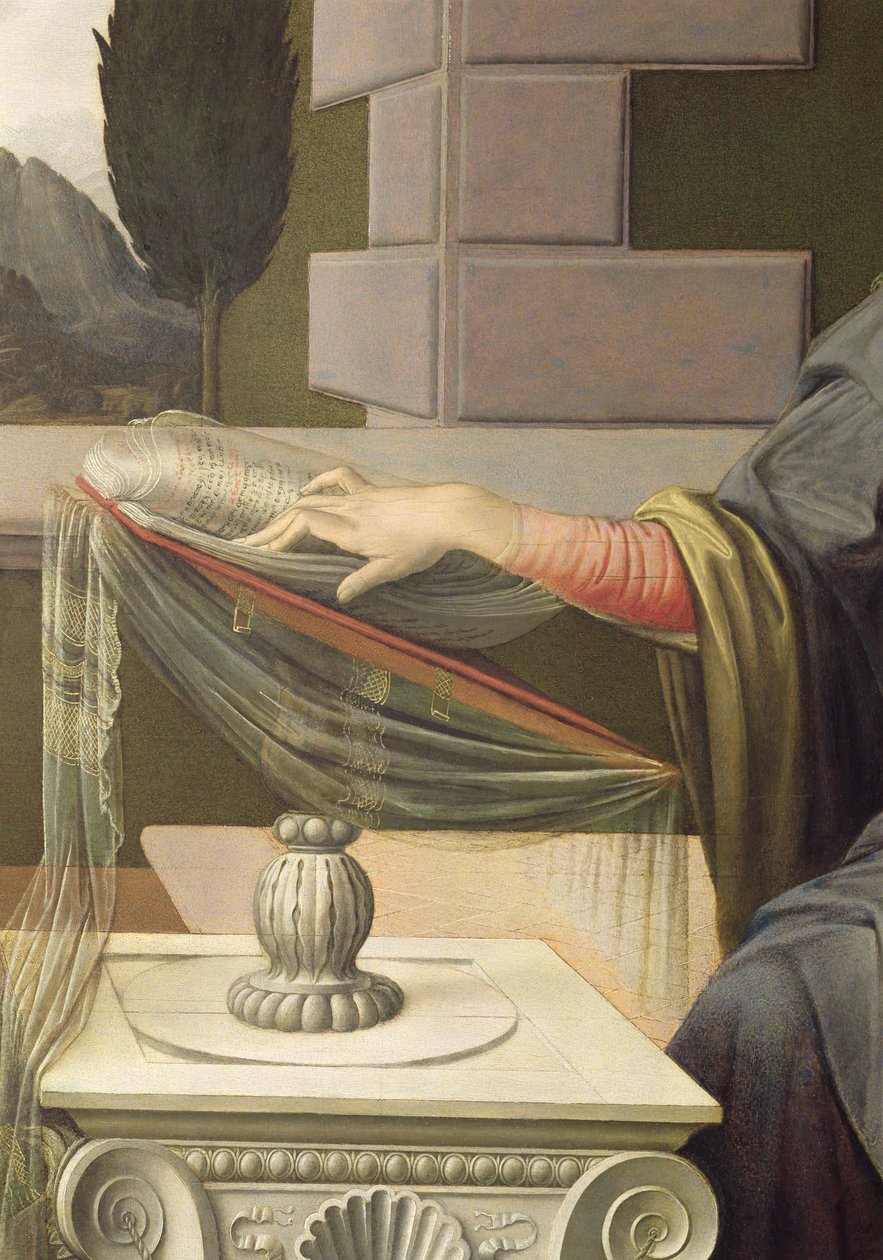 Szűz Mária részlete az Angyali üdvözletből, 1472-75 olaj, panel, restaurálás után alkotó: Leonardo da Vinci