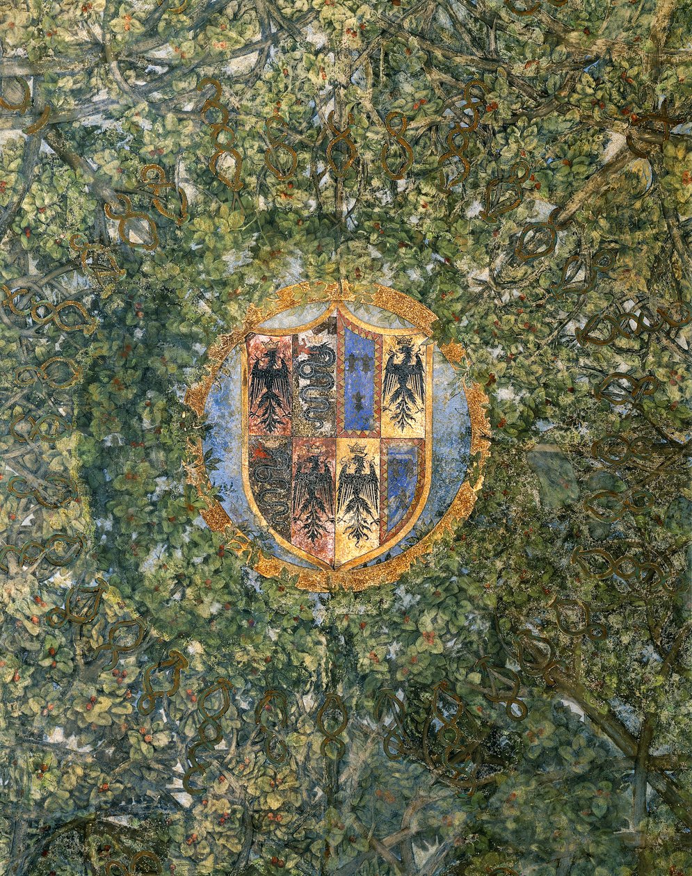 Részlet a „Sala delle Asse” boltíves mennyezetéről, geometrikus ágú pergola mintával, 1498 körül (freskó) alkotó: Leonardo da Vinci