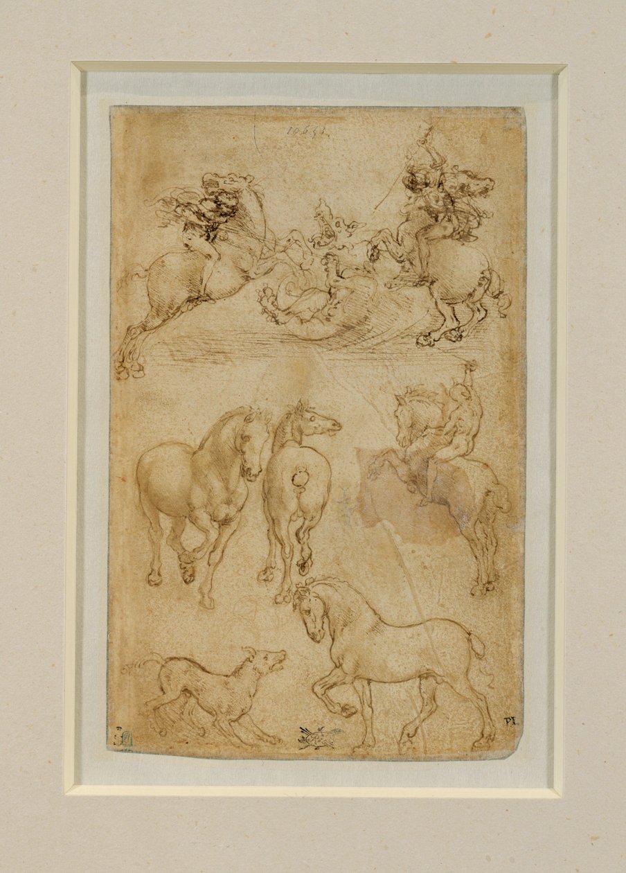 Két lovas harcol egy sárkánnyal; egy lovas és két ló; egy kutya és egy ló ... alkotó: Leonardo da Vinci