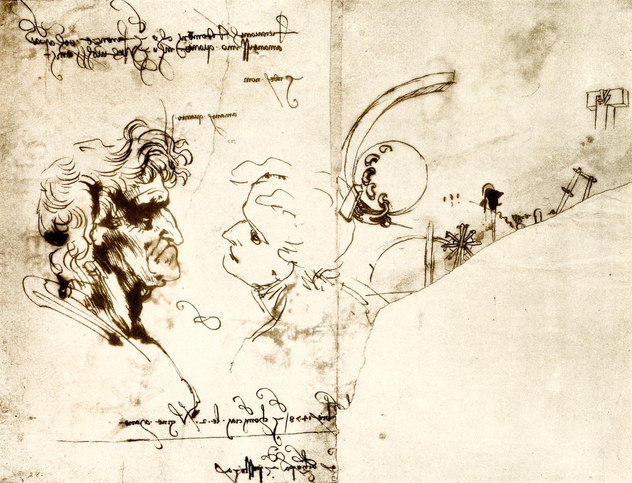 Két férfi fej vázlata alkotó: Leonardo da Vinci