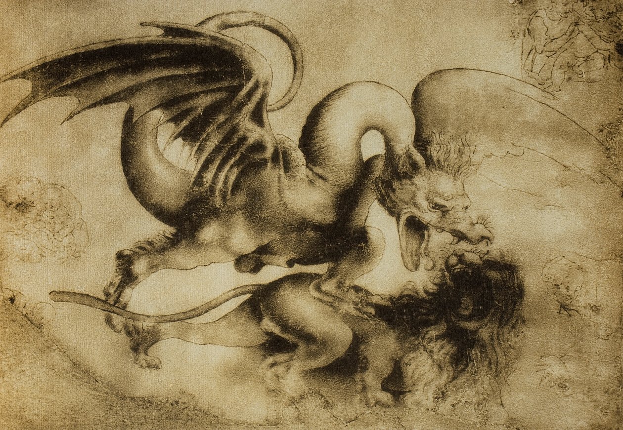 A sárkány megöl egy oroszlánt, Leonardo da Vinci rajza. Rajzok és nyomatok kabinetje, Uffizi Galéria, Firenze alkotó: Leonardo da Vinci