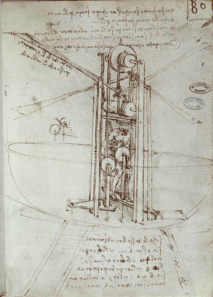 Repülő propulziós gép rajza. Leonard De Vinci kézirata (Leonardo da Vinci alkotó: Leonardo da Vinci