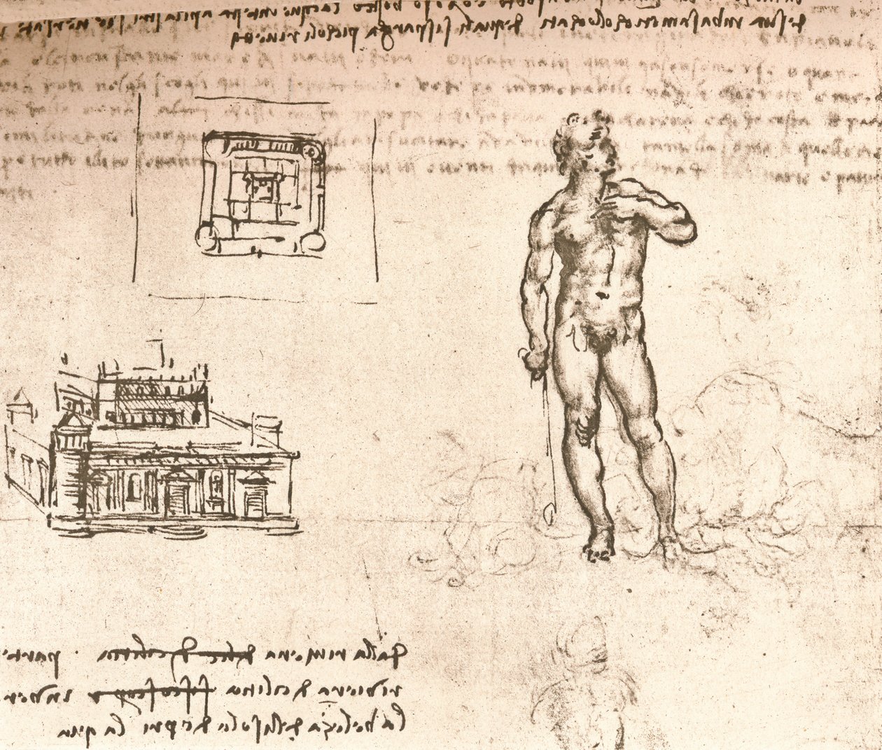 Rajz egy kastély terveiről és egy meztelen figuráról, indiai tintával mosva, c1472-c1519 1883 alkotó: Leonardo da Vinci